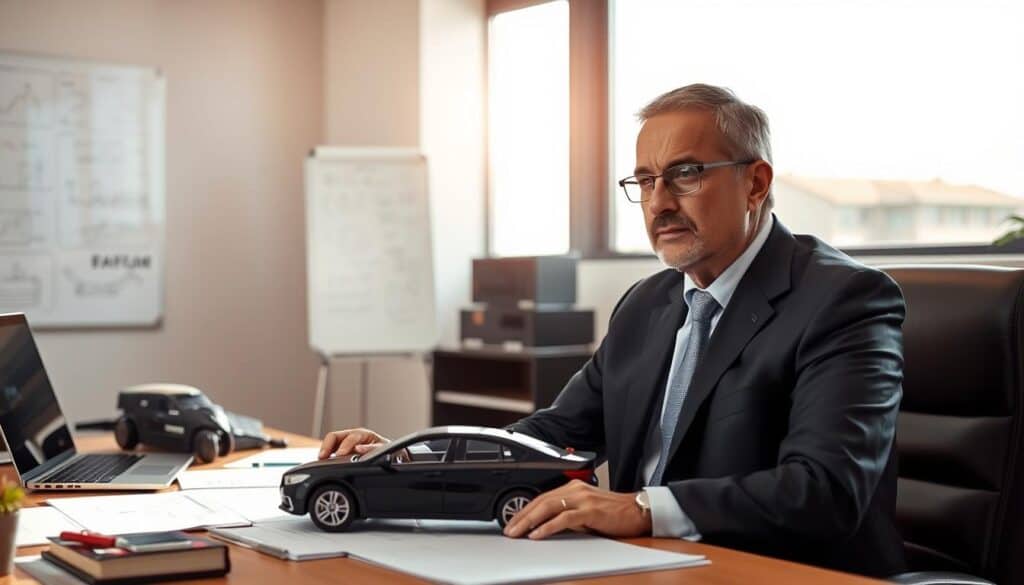 A professional office environment where a specialist is evaluating a car accident report. In the foreground, a middle-aged man in a smart suit, focused and with a thoughtful expression, sits at a desk cluttered with documents, a laptop, and a model car, symbolizing the accident. The middle ground features a large window with natural light pouring in, illuminating the scene and creating a warm, professional atmosphere. In the background, a whiteboard filled with diagrams and notes, emphasizing the meticulous nature of the evaluation process. The overall mood is serious yet optimistic, capturing the dedication and expertise involved in the damage assessment. The image is well-composed, with a slightly elevated angle to enhance the depth and professionalism of the setting.