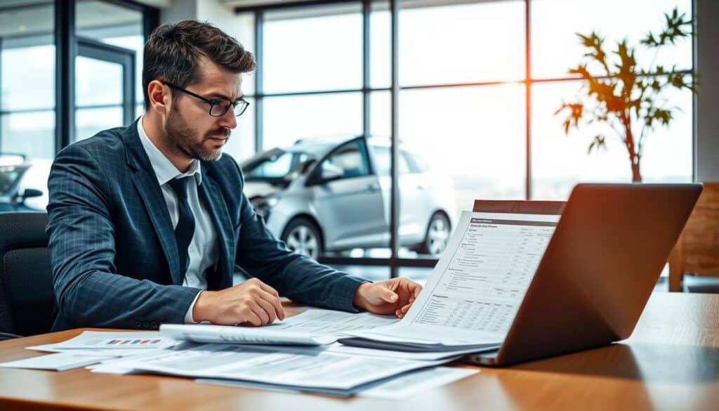 A professional office setting with a desk covered in vehicle valuation documents and a laptop displaying a spreadsheet. In the foreground, a well-dressed consultant analyzing the data, with focused determination on their face. In the middle ground, a partially visible damaged vehicle is parked outside a large window, emphasizing the subject of vehicle damage assessment. The background features a bright, modern office with natural light streaming through, creating an atmosphere of professionalism and urgency. Use soft diffused lighting to highlight the consultant's features and the documents. The angle should be slightly elevated, capturing both the consultant's engagement with the work and the vehicle outside, giving perspective on the market value discussion. Ensure a clean, organized look, without any distractions.