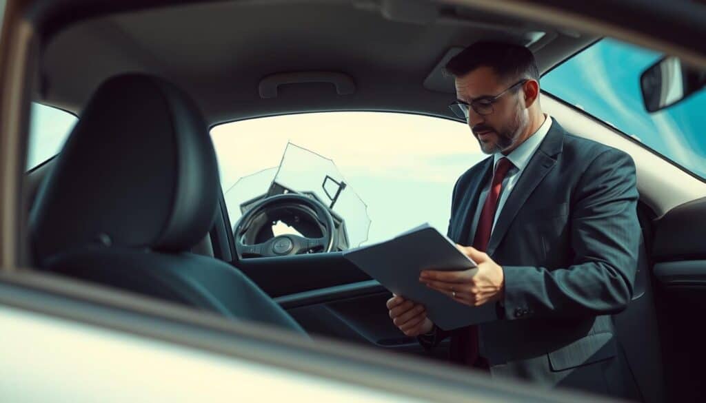 A professional property appraiser, dressed in smart business attire, stands in a damaged car's interior, examining it closely with a clipboard in hand. The foreground features a close-up of the appraiser, showcasing their focused expression. In the middle ground, a broken window and airbag deployed can be seen, emphasizing the aftermath of an accident. The background reveals a clear blue sky, contrasting the tense scene, suggesting optimism amidst the chaos. Soft, diffused lighting illuminates the scene, casting gentle shadows that add depth. The composition should convey a serious yet hopeful atmosphere, reflecting the meticulous nature of damage assessment and the role of appraisers in evaluating real costs after an accident.