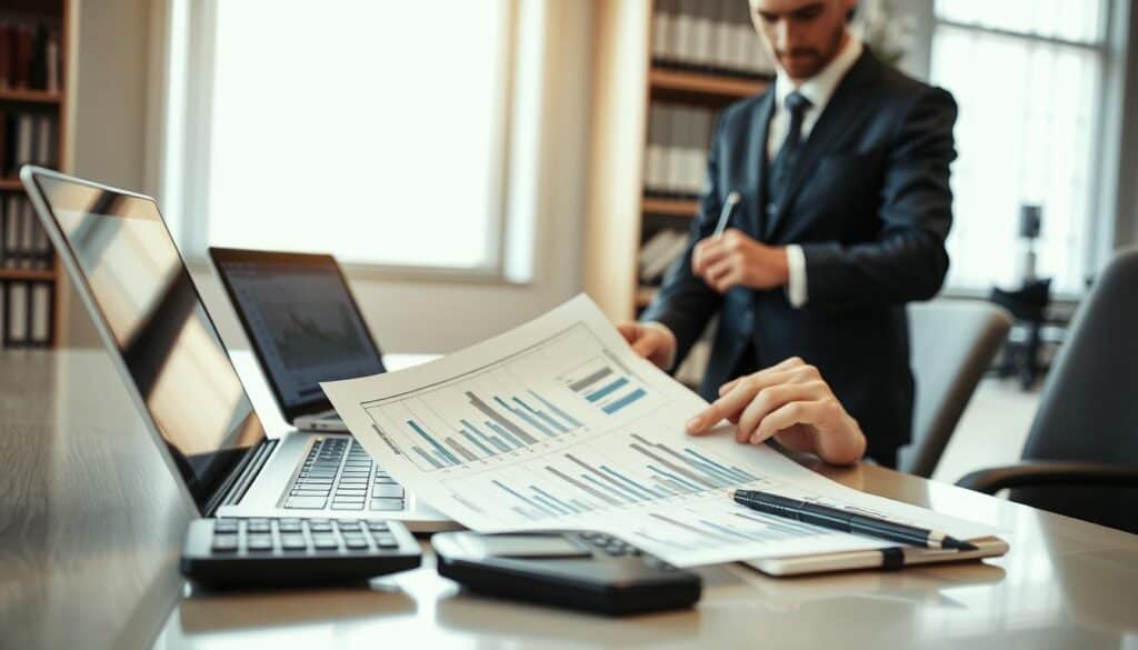 A professional setting featuring a detailed close-up of a financial analyst reviewing a car damage valuation report. In the foreground, the analyst, dressed in a smart suit, is focused on the document, pointing at key figures with a pen. The middle section has a sleek modern desk with a laptop displaying data graphs, a calculator, and a notepad. The background includes a blurred office environment with shelves filled with reference books related to automotive valuation. Soft, natural lighting filters through a large window, creating a calm and focused atmosphere. The image conveys a sense of professionalism and expertise in evaluating car damage assessments.