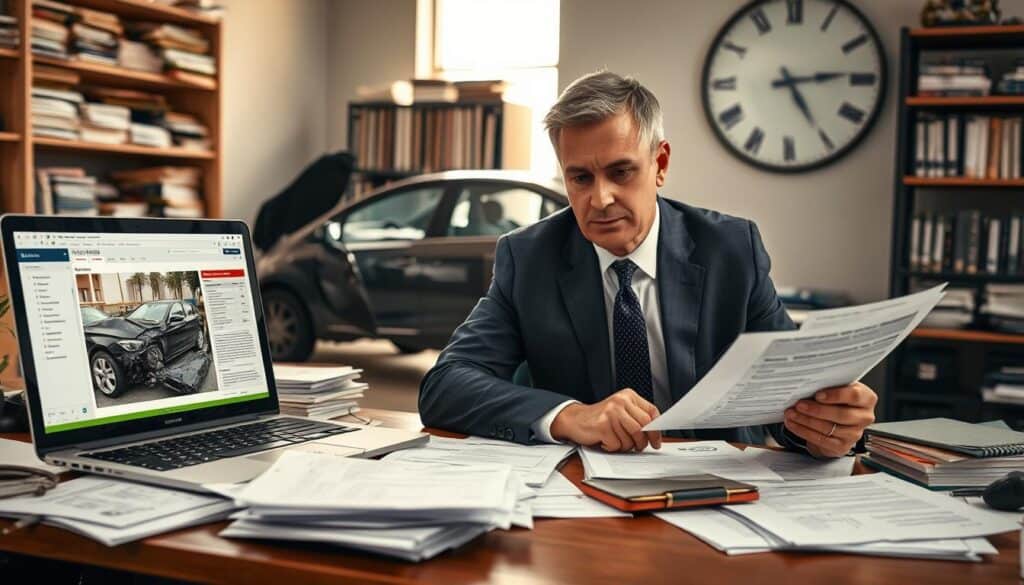 A professional setting for assessing vehicle damage, focusing on an office desk cluttered with paperwork, damage assessment forms, and a laptop displaying an evaluation software interface. In the foreground, a business professional in smart attire, a middle-aged man, analyzes a vehicle damage report, deep in thought. The middle ground features a detailed image of a vehicle with noticeable damage, parked by the office window, illuminated by soft, natural sunlight streaming in. In the background, shelves filled with automotive reference books and a large wall clock that emphasizes the urgency of the claims process. The mood is serious yet constructive, illustrating the complexities of claims reporting in a professional environment. The angle is slightly from above, capturing both the desk and the damaged vehicle outside.