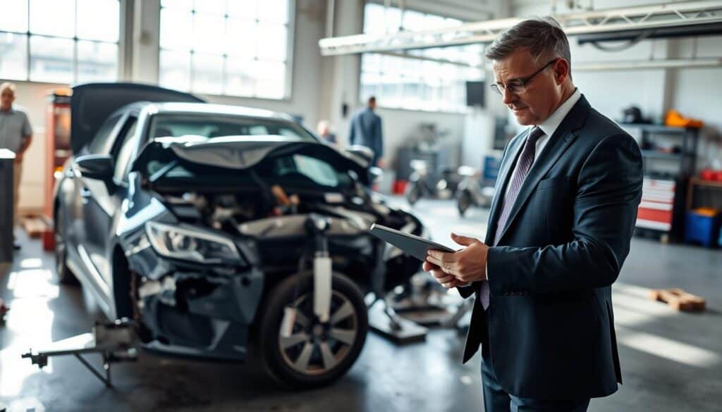 A professional setting showcasing the process of assessing vehicle damage for insurance purposes. In the foreground, a well-dressed insurance adjuster, a middle-aged Caucasian man wearing a tailored suit, examines a damaged car with a tablet in hand, taking notes. The middle ground features a crumpled vehicle with visible damage, parked in a well-lit, modern workshop filled with tools and equipment for inspections. In the background, a large window lets in bright, natural sunlight, illuminating the space and creating a clear, optimistic atmosphere. The overall mood is focused and professional, emphasizing the importance of accurately valuing vehicle damages for insurance claims. The angle is slightly angled from above, giving a comprehensive view of the scene without any text or distractions.