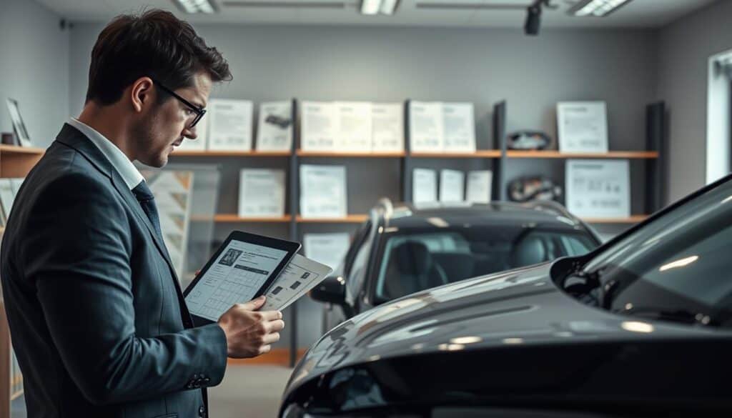 A professional, well-lit office environment featuring an insurance adjuster in business attire examining a car in the foreground. The adjuster is focused on a digital tablet displaying damage assessments, surrounded by paperwork detailing the damage verification process. In the middle ground, a damaged vehicle is present, highlighting areas of impact with close-up shots of scuffs and dents for clarity. The background shows shelves with reference materials about vehicle evaluations and expert assessments, illuminated by soft lighting that creates a serious yet hopeful atmosphere. The angle should be slightly above eye level, providing a comprehensive view of the setting while emphasizing the meticulous nature of the verification process. The mood is professional, highlighting diligence and attention to detail in damage verification.
