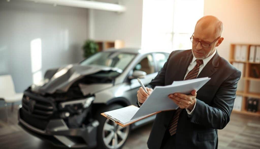 A concerned insurance adjuster reviews a damaged car in a professional office setting, embodying an authoritative figure. In the foreground, the adjuster, dressed in formal business attire, is focused on a clipboard filled with evaluation notes. In the middle, the car is prominently displayed, showcasing visible damage like a crumpled fender and shattered windows. The background features a well-organized office with light filtering through a window, creating a bright yet serious atmosphere. The lighting is soft and natural, casting gentle shadows to enhance the professionalism of the scene. Capture the mood of scrutiny and diligence, emphasizing the importance of accurate damage assessments in insurance claims. A concerned insurance adjuster reviews a damaged car in a professional office setting, embodying an authoritative figure. In the foreground, the adjuster, dressed in formal business attire, is focused on a clipboard filled with evaluation notes. In the middle, the car is prominently displayed, showcasing visible damage like a crumpled fender and shattered windows. The background features a well-organized office with light filtering through a window, creating a bright yet serious atmosphere. The lighting is soft and natural, casting gentle shadows to enhance the professionalism of the scene. Capture the mood of scrutiny and diligence, emphasizing the importance of accurate damage assessments in insurance claims.
