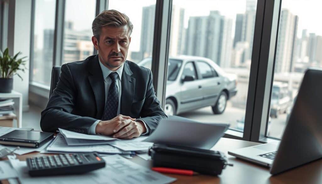 A concerned insurance appraiser in a business suit sits at a desk cluttered with paperwork, examining a damaged vehicle outside the office window. The car, an old sedan with a dented side, symbolizes a low valuation. In the foreground, a calculator and insurance documents are visible, adding to the bureaucratic atmosphere. The middle ground showcases the vehicle parked in a well-lit, modern office setting, with natural light streaming through the window, emphasizing the contrast between the appraiser's serious expression and the mundane office environment. In the background, the cityscape is slightly out of focus, representing the impersonal nature of insurance processes. The overall mood is tense yet professional, capturing the consequences of underestimating claims.