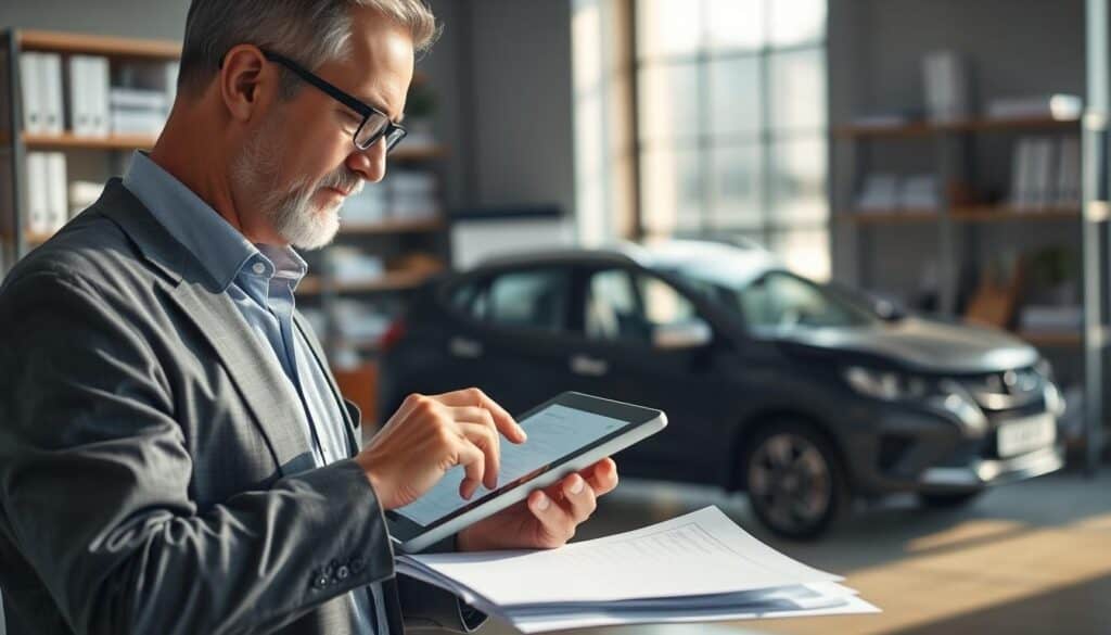 A detailed scene depicting a claims inspector examining a vehicle in a well-lit office setting. In the foreground, a middle-aged male inspector, dressed in professional business attire, scrutinizes a vehicle's damage report on a digital tablet. The middle ground features a damaged car, partially obscured by a form and paperwork, representing the assessment process. In the background, shelves lined with insurance documents and tools, softly blurred, create a professional atmosphere. Natural light filters through a large window, casting soft shadows and highlighting the serious focus of the inspector. The overall mood is one of diligence and professionalism, capturing the essence of the insurance claim evaluation process. A detailed scene depicting a claims inspector examining a vehicle in a well-lit office setting. In the foreground, a middle-aged male inspector, dressed in professional business attire, scrutinizes a vehicle's damage report on a digital tablet. The middle ground features a damaged car, partially obscured by a form and paperwork, representing the assessment process. In the background, shelves lined with insurance documents and tools, softly blurred, create a professional atmosphere. Natural light filters through a large window, casting soft shadows and highlighting the serious focus of the inspector. The overall mood is one of diligence and professionalism, capturing the essence of the insurance claim evaluation process.