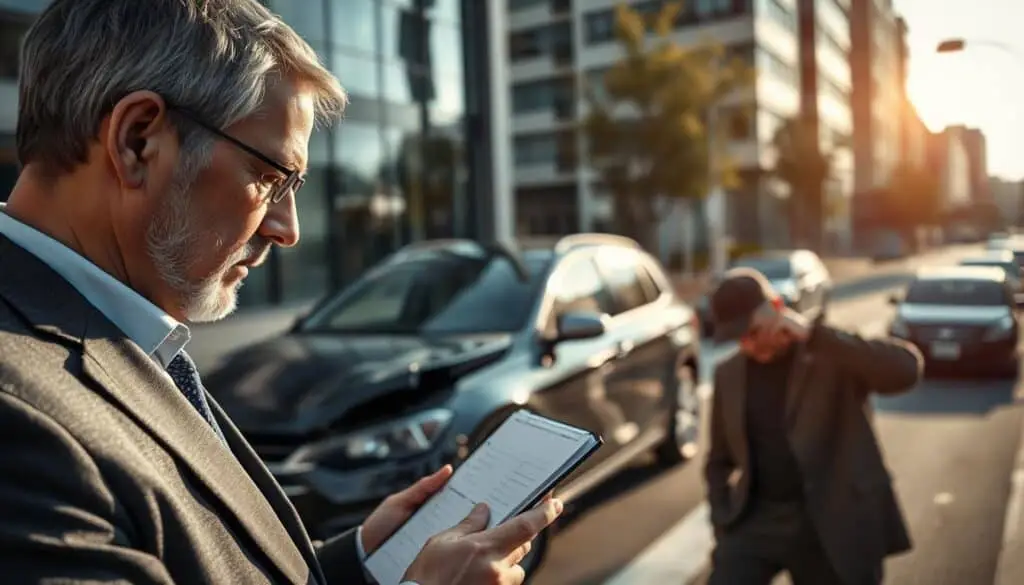 A detailed scene depicting a professional insurance adjuster examining a damaged car in an urban setting. The foreground features the adjuster, a middle-aged person in smart business attire, taking notes and using a tablet to document the vehicle's condition. In the middle, the damaged car is shown with visible dents and scratches, emphasizing the need for assessment. The background features an office building and a street, bathed in natural daylight, giving a sense of urgency and professionalism. The adjuster's focused expression highlights the importance of clear communication with the insurance company. The overall mood is serious and attentive, reflecting the critical nature of handling vehicle damage claims effectively. A detailed scene depicting a professional insurance adjuster examining a damaged car in an urban setting. The foreground features the adjuster, a middle-aged person in smart business attire, taking notes and using a tablet to document the vehicle's condition. In the middle, the damaged car is shown with visible dents and scratches, emphasizing the need for assessment. The background features an office building and a street, bathed in natural daylight, giving a sense of urgency and professionalism. The adjuster's focused expression highlights the importance of clear communication with the insurance company. The overall mood is serious and attentive, reflecting the critical nature of handling vehicle damage claims effectively.