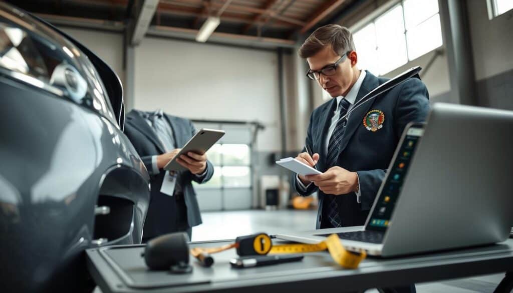 A detailed scene depicting a vehicle damage assessment with a focus on a professional-looking vehicle evaluator dressed in business attire. In the foreground, the evaluator is intently examining the front bumper of a car, holding a clipboard and jotting down notes. In the middle ground, tools such as a smartphone, a measuring tape, and a laptop with damage assessment software are visibly arranged on a portable table. The background showcases a well-lit garage environment with bright, natural lighting filtering through large windows, reflecting a sense of professionalism and clarity. The mood is serious and focused, illustrating the importance of accurately preparing for a meeting with an expert. The angle is slightly elevated, capturing the evaluator's concentrated expression and the intricacy of the vehicle's damages. A detailed scene depicting a vehicle damage assessment with a focus on a professional-looking vehicle evaluator dressed in business attire. In the foreground, the evaluator is intently examining the front bumper of a car, holding a clipboard and jotting down notes. In the middle ground, tools such as a smartphone, a measuring tape, and a laptop with damage assessment software are visibly arranged on a portable table. The background showcases a well-lit garage environment with bright, natural lighting filtering through large windows, reflecting a sense of professionalism and clarity. The mood is serious and focused, illustrating the importance of accurately preparing for a meeting with an expert. The angle is slightly elevated, capturing the evaluator's concentrated expression and the intricacy of the vehicle's damages.