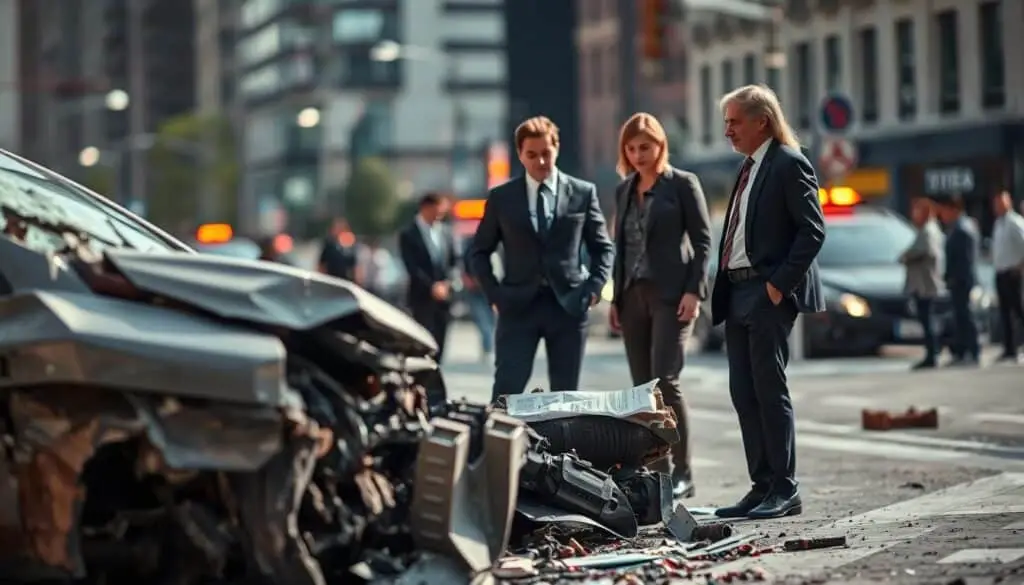 A detailed scene of a car accident aftermath illustrating "significant damage." In the foreground, a wrecked car with crumpled fenders and shattered windows, debris scattered around. The middle ground features two professional figures in business attire assessing the damage, discussing with focused expressions. In the background, a blurred cityscape with emergency lights flashing and bystanders watching, conveying urgency. The lighting is natural, with soft daylight illuminating the scene, casting gentle shadows for depth. The atmosphere is tense yet constructive, reflecting the process of damage assessment and insurance claims. The angle is slightly elevated, providing a comprehensive view of the situation while maintaining a professional tone. A detailed scene of a car accident aftermath illustrating "significant damage." In the foreground, a wrecked car with crumpled fenders and shattered windows, debris scattered around. The middle ground features two professional figures in business attire assessing the damage, discussing with focused expressions. In the background, a blurred cityscape with emergency lights flashing and bystanders watching, conveying urgency. The lighting is natural, with soft daylight illuminating the scene, casting gentle shadows for depth. The atmosphere is tense yet constructive, reflecting the process of damage assessment and insurance claims. The angle is slightly elevated, providing a comprehensive view of the situation while maintaining a professional tone.