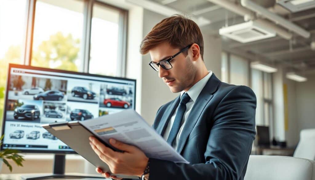 A modern office setting showcasing a professional insurance adjuster reviewing damaged vehicle images on a laptop. In the foreground, a focused individual in business attire, with short brown hair, is analyzing detailed reports on a clipboard. The middle ground features a large monitor displaying high-resolution images of car damages and numerical data. Soft overhead lighting creates a bright and productive atmosphere, while a large window in the background reveals a sunny day outside, adding a touch of warmth. The composition is shot at eye level with a shallow depth of field, emphasizing the adjuster's meticulous attention to detail. Overall, the image conveys a sense of professionalism and thoroughness in the damage assessment process.