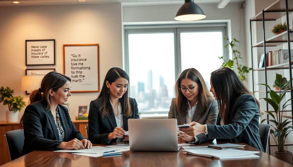 A professional and inviting office environment focusing on the theme of selecting an insurance provider. In the foreground, a diverse group of three individuals—two women and one man—are engaged in a thoughtful discussion over documents and a laptop, dressed in professional business attire. In the middle ground, a large window allows natural light to fill the space, showcasing a city skyline. On a nearby wall, framed motivational quotes and charts about insurance options add to the atmosphere. The background features shelves with books and plants, contributing to a warm and positive mood, symbolizing trust and reliability in the insurance sector. The lighting is soft yet bright, enhancing the professionalism of the scene.