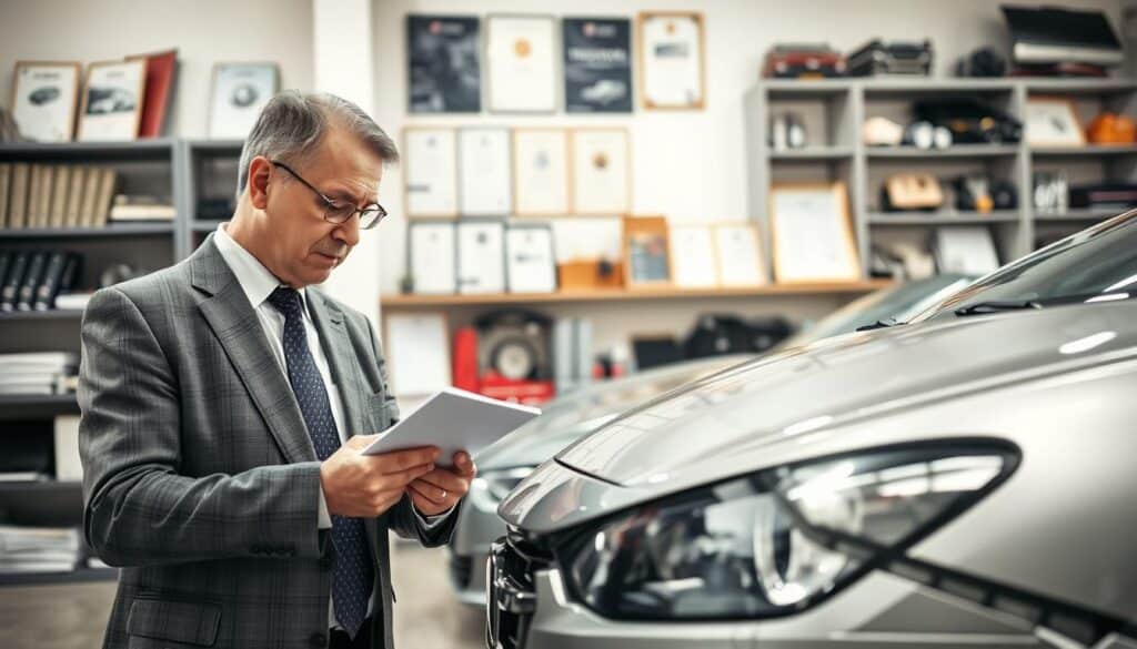 A professional automotive appraiser examines a damaged vehicle in a well-lit office setting. In the foreground, the appraiser—a middle-aged man in a tailored suit—carefully inspects the car's front bumper, taking notes on a clipboard. His focused expression reflects expertise and diligence. In the middle ground, a sleek, modern car with visible damage is positioned prominently, emphasizing the appraiser’s work. The background features shelves filled with automotive manuals, tools, and certificates, contributing to a business-like atmosphere. Natural light streams in through a large window, highlighting the scene and creating a trustworthy mood. Capture the moment from a slightly elevated angle, ensuring clarity and detail in the appraisal process without any distractions or text.