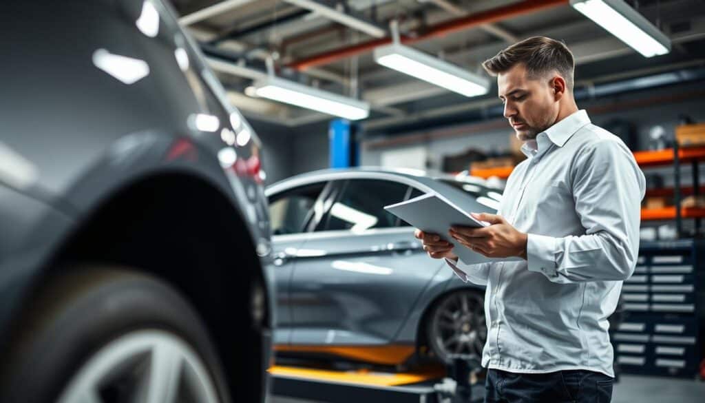 A professional automotive appraiser examining a vehicle in a well-lit garage. In the foreground, the appraiser, dressed in a crisp white shirt and dark trousers, is closely inspecting the car's damaged door with a clipboard and measuring tools in hand. The middle ground features the car, a modern sedan with noticeable scratches and dents, on a vehicle lift, showcasing a reflective surface and detailing. In the background, tools and equipment are neatly organized on shelves, with bright overhead lights casting a clear, focused light on the scene, emphasizing the seriousness of the appraisal process. The atmosphere conveys professionalism and diligence, highlighting the important role the appraiser plays in assessing vehicle damage.