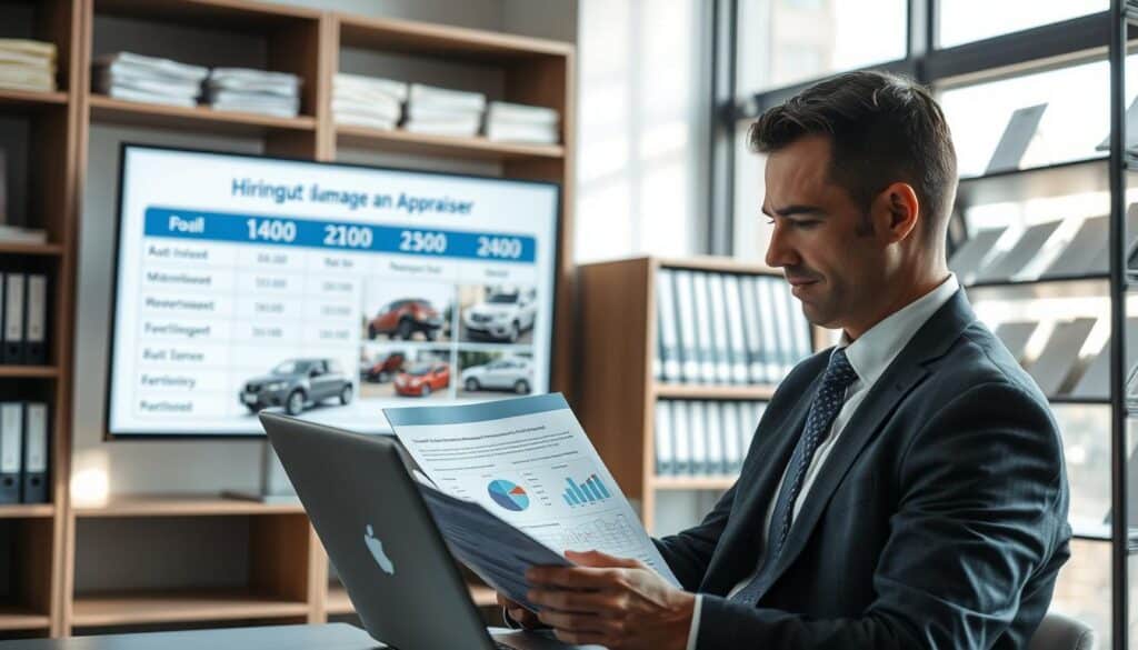 A professional automotive appraiser in a modern office setting, examining a detailed report on vehicle damage estimates. In the foreground, the appraiser, dressed in a tailored suit, is focused on a laptop, with charts and graphs visible on the screen. In the middle ground, a large monitor displays a breakdown of costs associated with hiring an appraiser, alongside images of damaged vehicles. The background features shelves neatly lined with automotive repair books and certificates. Soft, natural light streams through a large window, creating a bright and professional atmosphere. The camera angle is slightly angled from above, emphasizing the appraiser's concentration and the detailed work environment.