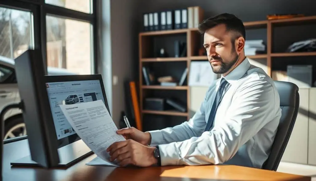 A professional automotive appraiser seated at a modern desk, analyzing a detailed report on a computer screen, with an open vehicle damage assessment document in front of him. Next to the desk, a damaged car is visible through a window, showcasing significant collision damage on the side. Bright, natural light streams through the office window, creating a dynamic interplay of light and shadow, giving a sense of focus and clarity. The appraiser, dressed in formal business attire, shows a thoughtful expression, indicating his dedication to helping clients. In the background, shelves contain reference books and tools related to vehicle assessment, enhancing the professional atmosphere of the scene. The mood is serious yet optimistic, emphasizing the importance of expertise in insurance claims.