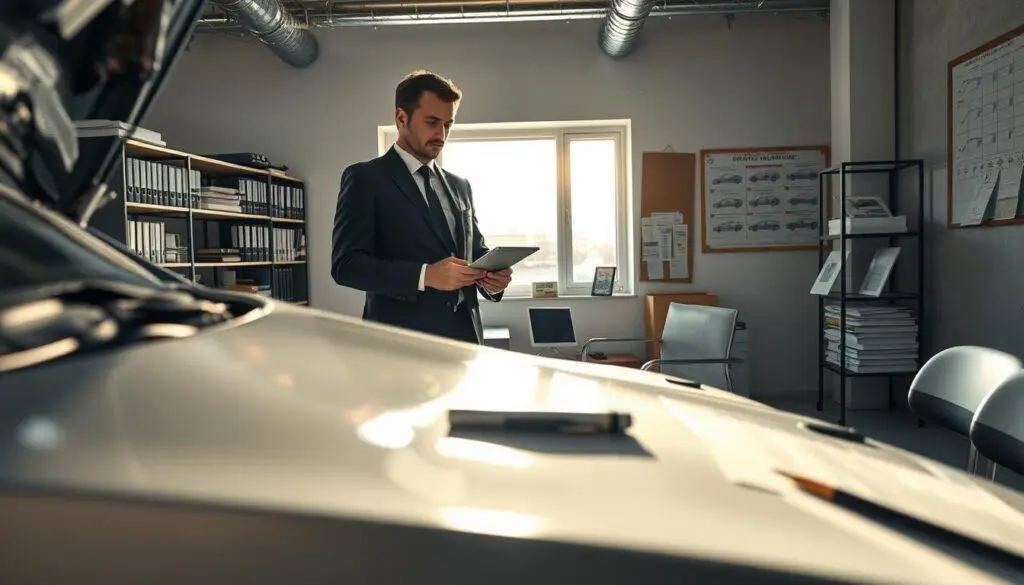 A professional automotive appraiser stands in a well-lit office environment surrounded by various tools and documents related to vehicle damage assessment. In the foreground, the appraiser, wearing a tailored business suit, observes a damaged car's hood while holding a tablet, analyzing data. The middle section captures a large window with natural light streaming in, casting soft shadows across a sleek desk filled with reports and diagrams of car models. The background features shelves lined with industry books and a bulletin board with charts related to automotive valuation. The atmosphere is serious yet focused, emphasizing professionalism and expertise in evaluating vehicle damages. The lens captures the scene from a slightly elevated angle, providing a clear view of the appraiser and their workspace. A professional automotive appraiser stands in a well-lit office environment surrounded by various tools and documents related to vehicle damage assessment. In the foreground, the appraiser, wearing a tailored business suit, observes a damaged car's hood while holding a tablet, analyzing data. The middle section captures a large window with natural light streaming in, casting soft shadows across a sleek desk filled with reports and diagrams of car models. The background features shelves lined with industry books and a bulletin board with charts related to automotive valuation. The atmosphere is serious yet focused, emphasizing professionalism and expertise in evaluating vehicle damages. The lens captures the scene from a slightly elevated angle, providing a clear view of the appraiser and their workspace.