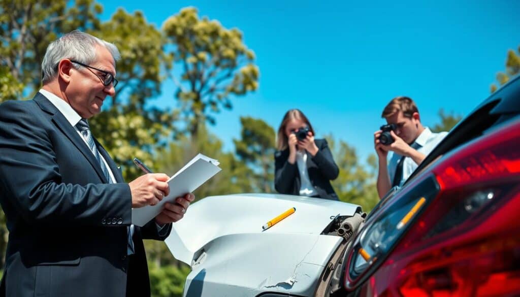 A professional damage assessment scene featuring a group of three experts evaluating a car accident on a bright sunny day. In the foreground, one expert, a middle-aged man in a smart business suit, is taking notes on a clipboard. A woman in professional attire is examining the car's damage with a magnifying glass, while a younger male expert is capturing images with a digital camera. The middle ground includes the damaged vehicle with visible dents and scratches, surrounded by markers and tools for assessment. In the background, there are lush trees and a clear blue sky, suggesting an outdoor environment. The lighting is natural, casting soft shadows and highlighting the details of the damage. The atmosphere is focused and professional, emphasizing the meticulous work of damage assessment.