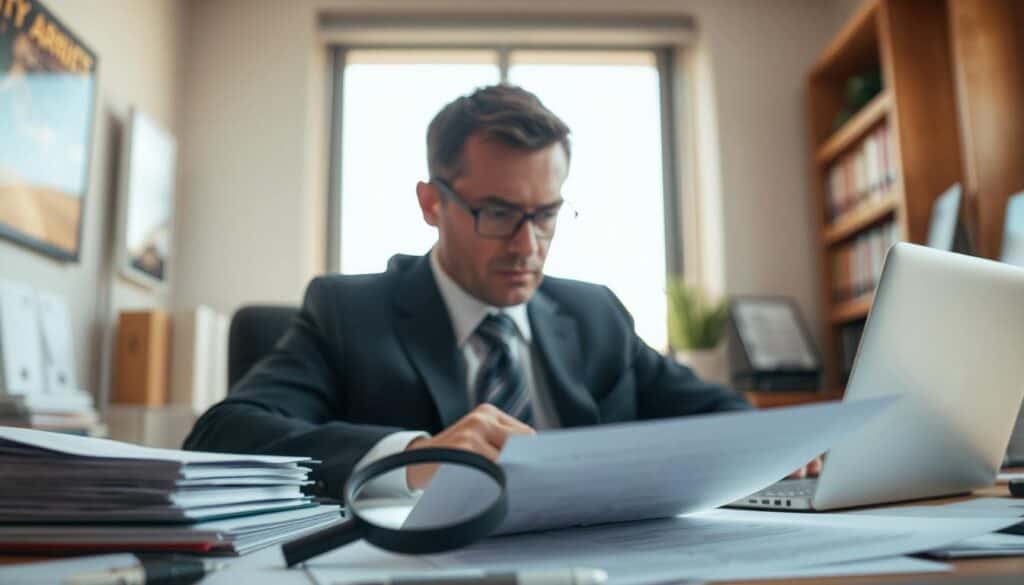 A professional insurance adjuster in a business suit, intently reviewing documents at a desk surrounded by various insurance claim papers and a laptop. In the foreground, a magnifying glass rests on an open claim form, symbolizing scrutiny. The middle ground features a large window letting in soft, natural daylight, creating a warm yet focused atmosphere. The background includes shelves filled with books on insurance law and ethics. The overall mood is serious and contemplative, emphasizing the importance of verifying insurance claims. A shallow depth of field highlights the adjuster and the document, making them the focal point of this professional setting. A professional insurance adjuster in a business suit, intently reviewing documents at a desk surrounded by various insurance claim papers and a laptop. In the foreground, a magnifying glass rests on an open claim form, symbolizing scrutiny. The middle ground features a large window letting in soft, natural daylight, creating a warm yet focused atmosphere. The background includes shelves filled with books on insurance law and ethics. The overall mood is serious and contemplative, emphasizing the importance of verifying insurance claims. A shallow depth of field highlights the adjuster and the document, making them the focal point of this professional setting.