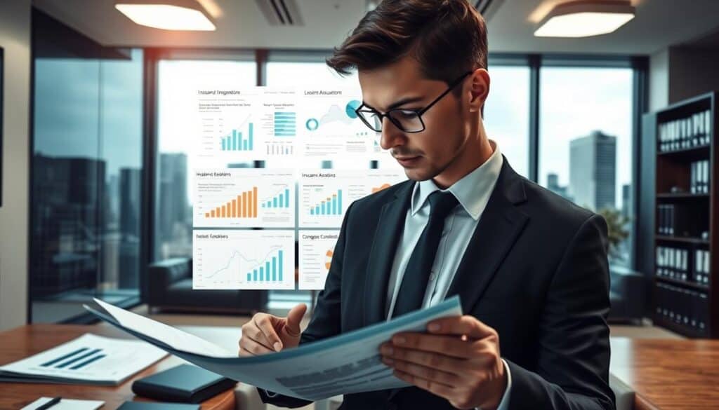 A professional, modern office setting in the foreground with a focused individual in business attire examining detailed documents and graphs related to insurance claims assessment. In the middle layer, display various charts and infographics about loss valuation and insurance assessments, illuminated by soft, overhead lighting to create a contemplative atmosphere. The background features a sleek bookshelf with insurance books and a large window showcasing a cityscape, implying a successful financial environment. The overall mood should convey seriousness and attention to detail, highlighting the importance of accurately determining damages in insurance claims. Use a wide-angle lens to capture the entire scene with an emphasis on clarity and professionalism. A professional, modern office setting in the foreground with a focused individual in business attire examining detailed documents and graphs related to insurance claims assessment. In the middle layer, display various charts and infographics about loss valuation and insurance assessments, illuminated by soft, overhead lighting to create a contemplative atmosphere. The background features a sleek bookshelf with insurance books and a large window showcasing a cityscape, implying a successful financial environment. The overall mood should convey seriousness and attention to detail, highlighting the importance of accurately determining damages in insurance claims. Use a wide-angle lens to capture the entire scene with an emphasis on clarity and professionalism.