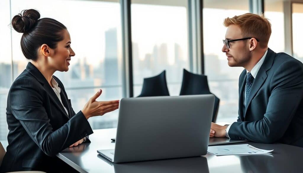A professional negotiation scene taking place in a modern office setting. In the foreground, two business people—a man and a woman—are engaged in a focused discussion, both dressed in smart business attire. The woman, with dark hair in a neat bun, gestures towards a laptop open on the table, displaying data on insurance claims. The man, with short blond hair and glasses, nods thoughtfully, holding a notepad. In the middle ground, a large window reveals a city skyline, bathed in soft, natural light. The background features a meeting room with minimalistic decor and a glass wall, creating a contemporary and professional atmosphere. The overall mood conveys seriousness and collaboration, emphasizing the importance of effective negotiation with an insurer. A professional negotiation scene taking place in a modern office setting. In the foreground, two business people—a man and a woman—are engaged in a focused discussion, both dressed in smart business attire. The woman, with dark hair in a neat bun, gestures towards a laptop open on the table, displaying data on insurance claims. The man, with short blond hair and glasses, nods thoughtfully, holding a notepad. In the middle ground, a large window reveals a city skyline, bathed in soft, natural light. The background features a meeting room with minimalistic decor and a glass wall, creating a contemporary and professional atmosphere. The overall mood conveys seriousness and collaboration, emphasizing the importance of effective negotiation with an insurer.