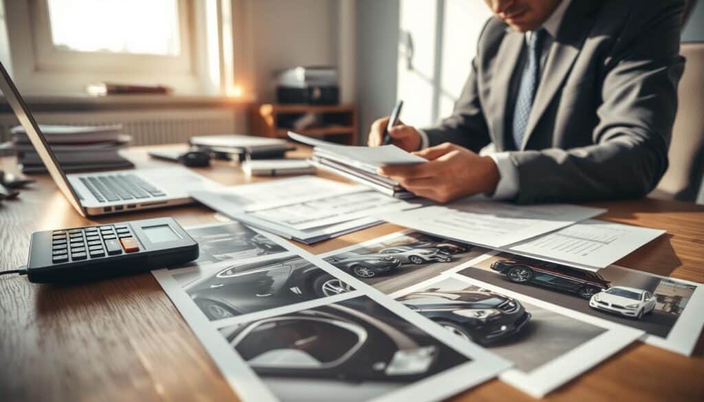 A professional office setting featuring a well-lit workspace with a wooden desk cluttered with documents, a laptop, and a calculator. In the foreground, a focused individual in a business suit is reviewing a stack of insurance papers, jotting down notes on a notepad. Next to them, a spread of photographs depicting automotive damage, including close-ups of dents and scratches. In the background, a large window lets in natural light, creating a warm and inviting atmosphere. Soft shadows add depth to the scene, and the overall mood conveys diligence and careful analysis, symbolizing the process of gathering evidence for a claim assessment.