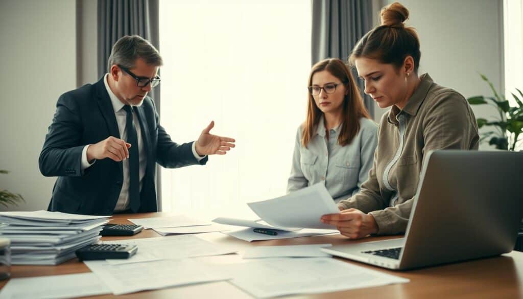 A professional office setting with a focus on a concerned insurance claimant and a supportive consultant reviewing paperwork together. In the foreground, the consultant, dressed in a smart business suit, points at the documents on a table, highlighting key areas, while the claimant, dressed in modest casual attire, appears engaged and thoughtful. In the middle ground, there are stacks of paperwork, a calculator, and a laptop open to a claims management software. The background features a large window that lets in soft, natural light, casting an inviting glow in the room. The atmosphere is serious yet hopeful, emphasizing collaboration and support in resolving an insurance claim dispute.