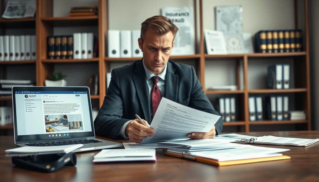 A professional office setting with a sleek, modern desk in the foreground, where a serious-looking insurance adjuster analyzes various documents, highlighting discrepancies on a notepad. In the middle, a laptop screen displays social media posts with visible content, subtly implying misinformation related to insurance claims. In the background, shelves filled with legal books and articles on insurance fraud add context. Soft lighting illuminates the scene, casting gentle shadows, while a tilt-shift lens effect blurs the edges, focusing on the adjuster's intense expression. The atmosphere is tense yet meticulous, underlining the seriousness of insurance fraud and undervalued claims. A professional office setting with a sleek, modern desk in the foreground, where a serious-looking insurance adjuster analyzes various documents, highlighting discrepancies on a notepad. In the middle, a laptop screen displays social media posts with visible content, subtly implying misinformation related to insurance claims. In the background, shelves filled with legal books and articles on insurance fraud add context. Soft lighting illuminates the scene, casting gentle shadows, while a tilt-shift lens effect blurs the edges, focusing on the adjuster's intense expression. The atmosphere is tense yet meticulous, underlining the seriousness of insurance fraud and undervalued claims.