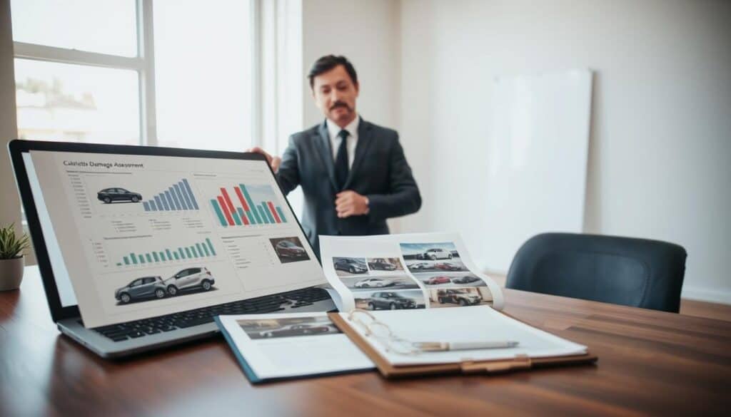 A professional property appraiser stands confidently at a well-organized desk, reviewing detailed damage assessment reports related to vehicle valuations. In the foreground, the appraiser, dressed in smart business attire, examines a chart displaying vehicle damage alongside a laptop showing data analytics. The middle ground features an open folder filled with photographs of the damaged vehicles, while a clipboard rests beside the laptop, emphasizing meticulous documentation. In the background, soft natural light filters through a large window, illuminating the room and creating a calm atmosphere of professionalism and diligence. The scene conveys a sense of trust and authority in the appraisal process, highlighting the pivotal role of the appraiser in ensuring fair damage evaluations. A professional property appraiser stands confidently at a well-organized desk, reviewing detailed damage assessment reports related to vehicle valuations. In the foreground, the appraiser, dressed in smart business attire, examines a chart displaying vehicle damage alongside a laptop showing data analytics. The middle ground features an open folder filled with photographs of the damaged vehicles, while a clipboard rests beside the laptop, emphasizing meticulous documentation. In the background, soft natural light filters through a large window, illuminating the room and creating a calm atmosphere of professionalism and diligence. The scene conveys a sense of trust and authority in the appraisal process, highlighting the pivotal role of the appraiser in ensuring fair damage evaluations.