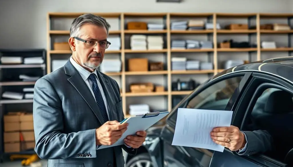 A professional scenario depicting a vehicle damage appraisal process, featuring a seasoned appraiser examining a car under natural daylight. In the foreground, the appraiser, a middle-aged man wearing a sharp business suit, inspects the vehicle's exterior with a measuring tape and a clipboard. He displays a focused expression, showcasing his expertise. The middle ground shows the vehicle, slightly damaged and parked in a garage setting, with tools neatly arranged nearby. The background features soft-lit shelves filled with documentation and appraisal tools, reinforcing a professional atmosphere. The overall mood is serious and focused, emphasizing careful evaluation and decision-making. Use a wide-angle lens to capture the depth and details of the scene. A professional scenario depicting a vehicle damage appraisal process, featuring a seasoned appraiser examining a car under natural daylight. In the foreground, the appraiser, a middle-aged man wearing a sharp business suit, inspects the vehicle's exterior with a measuring tape and a clipboard. He displays a focused expression, showcasing his expertise. The middle ground shows the vehicle, slightly damaged and parked in a garage setting, with tools neatly arranged nearby. The background features soft-lit shelves filled with documentation and appraisal tools, reinforcing a professional atmosphere. The overall mood is serious and focused, emphasizing careful evaluation and decision-making. Use a wide-angle lens to capture the depth and details of the scene.