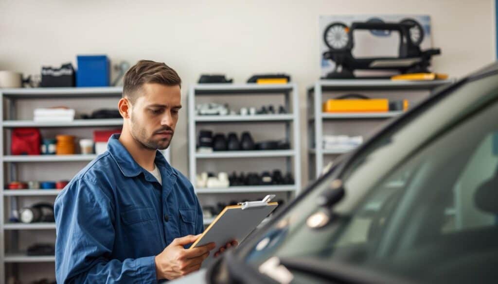 A professional setting depicting a car repair shop, with a detailed inspection area in the foreground. In the center, a mechanic in a blue uniform is examining a car's damage, using a clipboard and a measuring tool. His face shows concentration as he assesses the vehicle's condition. In the background, shelves filled with automotive parts and tools are well-organized, creating a sense of professionalism. Soft overhead lighting illuminates the scene, casting natural shadows that enhance the depth of the image. The walls are painted in a neutral color, adding to the clinical atmosphere. The mood is serious yet focused, reflecting the importance of accurate damage assessment in automotive repair.