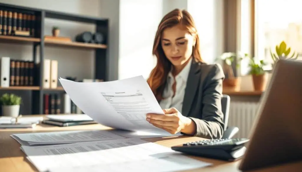A professional setting depicting a woman in formal business attire sitting at a desk, intently reviewing a series of documents related to damage compensation claims. In the foreground, a close-up of paperwork and a calculator, emphasizing the meticulous nature of assessing damages. The middle ground features the woman analyzing the papers with a focused expression, illuminated by natural light coming from a nearby window, casting soft shadows and creating a productive atmosphere. The background contains shelves with legal books and a plant, adding warmth to the environment. The overall mood is serious yet hopeful, reflecting determination in pursuit of fair compensation for damages. A professional setting depicting a woman in formal business attire sitting at a desk, intently reviewing a series of documents related to damage compensation claims. In the foreground, a close-up of paperwork and a calculator, emphasizing the meticulous nature of assessing damages. The middle ground features the woman analyzing the papers with a focused expression, illuminated by natural light coming from a nearby window, casting soft shadows and creating a productive atmosphere. The background contains shelves with legal books and a plant, adding warmth to the environment. The overall mood is serious yet hopeful, reflecting determination in pursuit of fair compensation for damages.