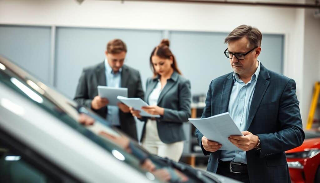 A professional setting depicting an insurance appraiser meeting. In the foreground, a well-dressed appraiser, wearing a suit and glasses, is examining a car with visible damage, focused and serious expression. In the middle, a man and a woman, dressed in business-casual attire, are discussing the appraisal process, with papers and a clipboard in hand, both looking engaged and attentive. The background features an office or a garage space with soft, diffused lighting, highlighting the appraiser's work tools like a laptop and measuring tools. The atmosphere is one of professionalism and collaboration, conveying the importance of preparation and communication in assessing vehicle damage after a collision.