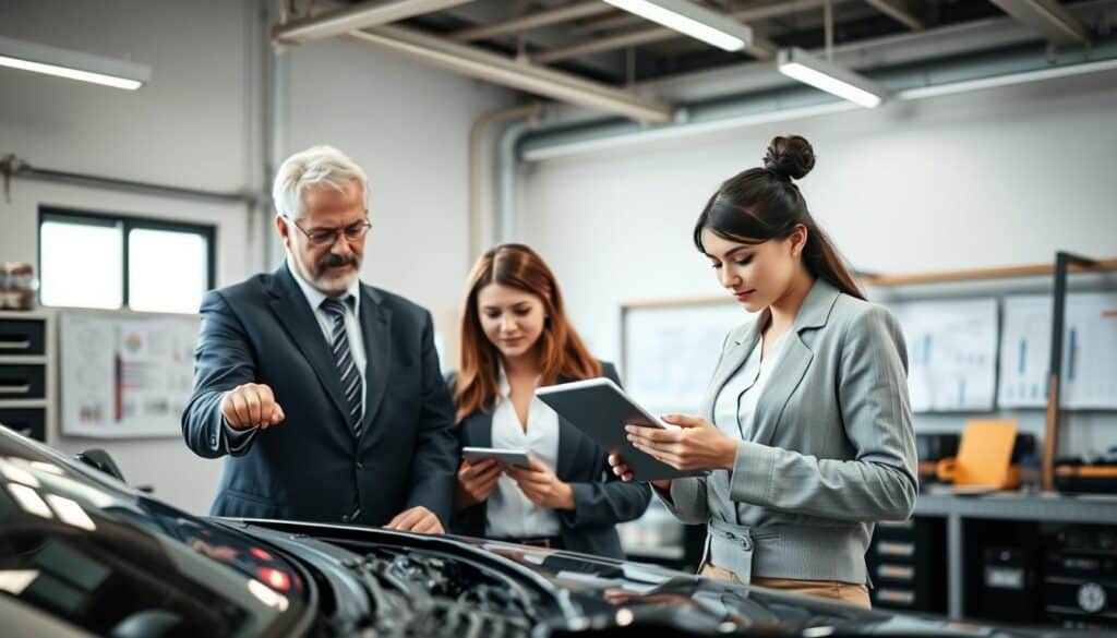 A professional setting featuring two individuals collaborating over an automobile damage assessment. In the foreground, a confident, middle-aged male vehicle appraiser in a smart suit examines a damaged car's dashboard. Beside him, a focused young woman in business attire takes notes on a sleek tablet, showcasing an analytical approach. The middle ground displays the intricacies of the vehicle itself, with visible damage and parts. In the background, a well-lit garage setting with tools, charts, and a large window allowing natural light to pour in. The atmosphere is one of professionalism and cooperation, with a sense of purpose and clarity in the interactions. Use soft, balanced lighting to enhance the scene's energetic yet serious mood, captured from a slightly elevated angle as if observing an important meeting.