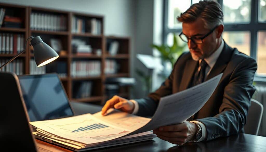 A professional setting in an office with a focus on the concept of disputing a valuation. In the foreground, a business person in formal attire is intensely reviewing a document, highlighted by a desk lamp casting a warm light on the papers, emphasizing the detailed text. The middle ground features a laptop with graphs and charts displayed, symbolizing analysis and scrutiny. The background shows a blurred office environment with bookshelves and a window letting in soft natural light, creating an atmosphere of serious contemplation and determination. The overall mood is focused and industrious, reflecting the importance of addressing undervalued assessments in automotive damage.