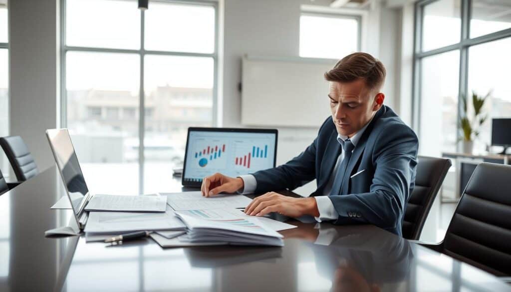 A professional setting where a certified automotive expert is reviewing a detailed damage assessment report. In the foreground, the expert, dressed in business attire, is focused intently on the documents spread out on a sleek conference table. In the middle ground, a laptop displays graphs and data, highlighting the valuation process. In the background, a modern office space with large windows letting in soft, natural light creates a bright atmosphere, enhancing the mood of professionalism and integrity. The camera angle is slightly elevated, capturing the expert's serious demeanor as they assess the financial implications of the vehicle damage. The scene conveys a sense of diligence and trustworthiness, ideal for illustrating a technical discussion on disputing low valuations in the automotive industry. A professional setting where a certified automotive expert is reviewing a detailed damage assessment report. In the foreground, the expert, dressed in business attire, is focused intently on the documents spread out on a sleek conference table. In the middle ground, a laptop displays graphs and data, highlighting the valuation process. In the background, a modern office space with large windows letting in soft, natural light creates a bright atmosphere, enhancing the mood of professionalism and integrity. The camera angle is slightly elevated, capturing the expert's serious demeanor as they assess the financial implications of the vehicle damage. The scene conveys a sense of diligence and trustworthiness, ideal for illustrating a technical discussion on disputing low valuations in the automotive industry.