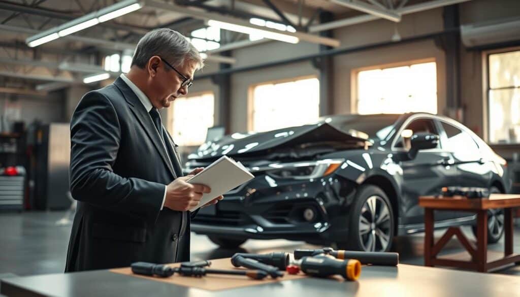 A professional vehicle appraisal scene featuring a vehicle technician examining a damaged car under the supervision of an expert appraiser. In the foreground, the appraiser, a middle-aged man in a formal suit, is closely inspecting the car's exterior with a clipboard in hand. The vehicle, a modern sedan, is parked in a well-lit workshop with bright LED lighting that highlights its details. In the middle ground, there are tools and equipment neatly arranged on a workbench. In the background, large windows allow natural light to flow in, creating a warm atmosphere. The mood is focused and professional, emphasizing the importance of an independent vehicle assessment. The angle is slightly elevated to capture both the appraiser's concentration and the vehicle's condition efficiently.