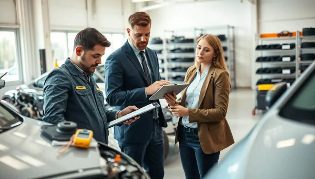 A professional vehicle damage assessment scene, featuring a well-dressed mechanic in a clean workshop environment, closely examining a car's body for damages. In the foreground, tools like a digital measuring device and a clipboard with notes are visible. In the middle ground, the mechanic is seen using a tablet to input data and make estimations, while being observed by a client dressed in smart business attire, who looks concerned yet hopeful. The background shows rows of vehicle parts and a bright, organized work area with natural light streaming through large windows, creating a calm and trustworthy atmosphere. The image conveys a sense of reliability and professionalism, highlighting the importance of accurate vehicle valuation. A professional vehicle damage assessment scene, featuring a well-dressed mechanic in a clean workshop environment, closely examining a car's body for damages. In the foreground, tools like a digital measuring device and a clipboard with notes are visible. In the middle ground, the mechanic is seen using a tablet to input data and make estimations, while being observed by a client dressed in smart business attire, who looks concerned yet hopeful. The background shows rows of vehicle parts and a bright, organized work area with natural light streaming through large windows, creating a calm and trustworthy atmosphere. The image conveys a sense of reliability and professionalism, highlighting the importance of accurate vehicle valuation.