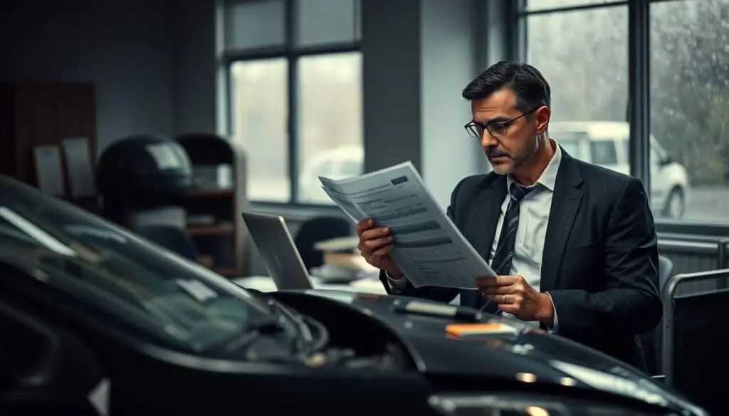 A somber office environment depicting a diligent insurance adjuster reviewing vehicle damage estimates with a focus on a damaged car in the foreground. The car should show signs of an accident, with visible dents and scratches, parked next to a desk cluttered with paperwork and a laptop. In the middle ground, the adjuster, wearing professional business attire, is examining an estimate document closely, reflecting concern and careful consideration. The background should have muted lighting, with soft shadows and a slightly blurred window showing a rainy day outside, enhancing the serious atmosphere of assessing damages. The overall mood should convey a sense of caution and diligent assessment in the wake of an unfortunate event. A somber office environment depicting a diligent insurance adjuster reviewing vehicle damage estimates with a focus on a damaged car in the foreground. The car should show signs of an accident, with visible dents and scratches, parked next to a desk cluttered with paperwork and a laptop. In the middle ground, the adjuster, wearing professional business attire, is examining an estimate document closely, reflecting concern and careful consideration. The background should have muted lighting, with soft shadows and a slightly blurred window showing a rainy day outside, enhancing the serious atmosphere of assessing damages. The overall mood should convey a sense of caution and diligent assessment in the wake of an unfortunate event.