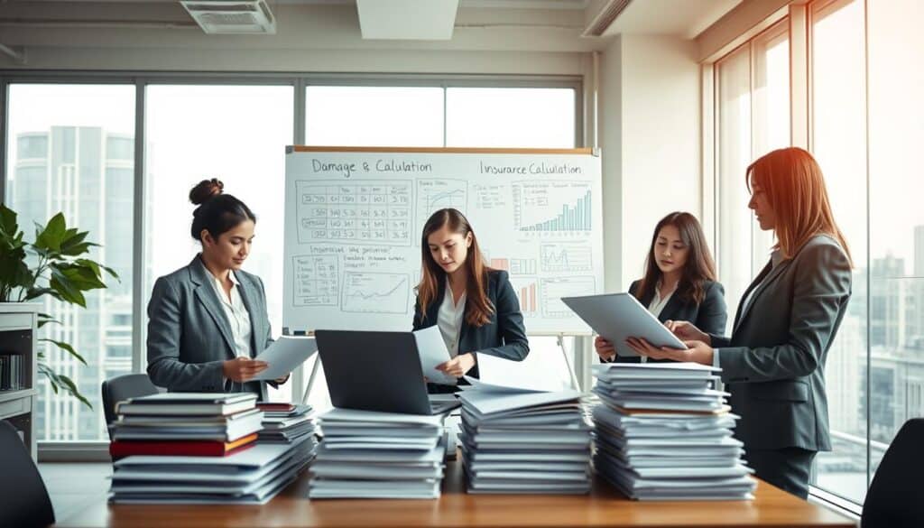 A well-organized office scene depicting a professional business environment focused on "damage calculation." In the foreground, a diverse group of three professionals—two women and one man—dressed in smart business attire, reviewing documents and analyzing data on laptops. In the middle, a whiteboard filled with charts and calculations related to insurance damages, surrounded by stacks of papers and filled binders. In the background, large windows allow soft, natural light to flood the room, highlighting a cityscape view. The atmosphere is serious yet collaborative, with an emphasis on focus and determination. Use a shallow depth of field to keep the professionals in sharp focus while the background remains softly blurred. A well-organized office scene depicting a professional business environment focused on "damage calculation." In the foreground, a diverse group of three professionals—two women and one man—dressed in smart business attire, reviewing documents and analyzing data on laptops. In the middle, a whiteboard filled with charts and calculations related to insurance damages, surrounded by stacks of papers and filled binders. In the background, large windows allow soft, natural light to flood the room, highlighting a cityscape view. The atmosphere is serious yet collaborative, with an emphasis on focus and determination. Use a shallow depth of field to keep the professionals in sharp focus while the background remains softly blurred.